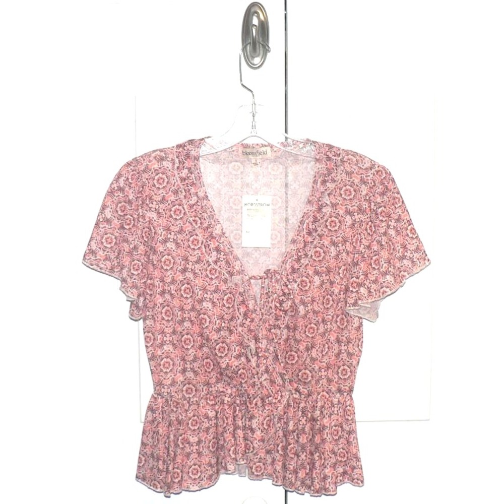 Bloomfield Women's V-Tie-Neck Short Flutter Sleeve Peplum Mesh Top Rust Combo SM